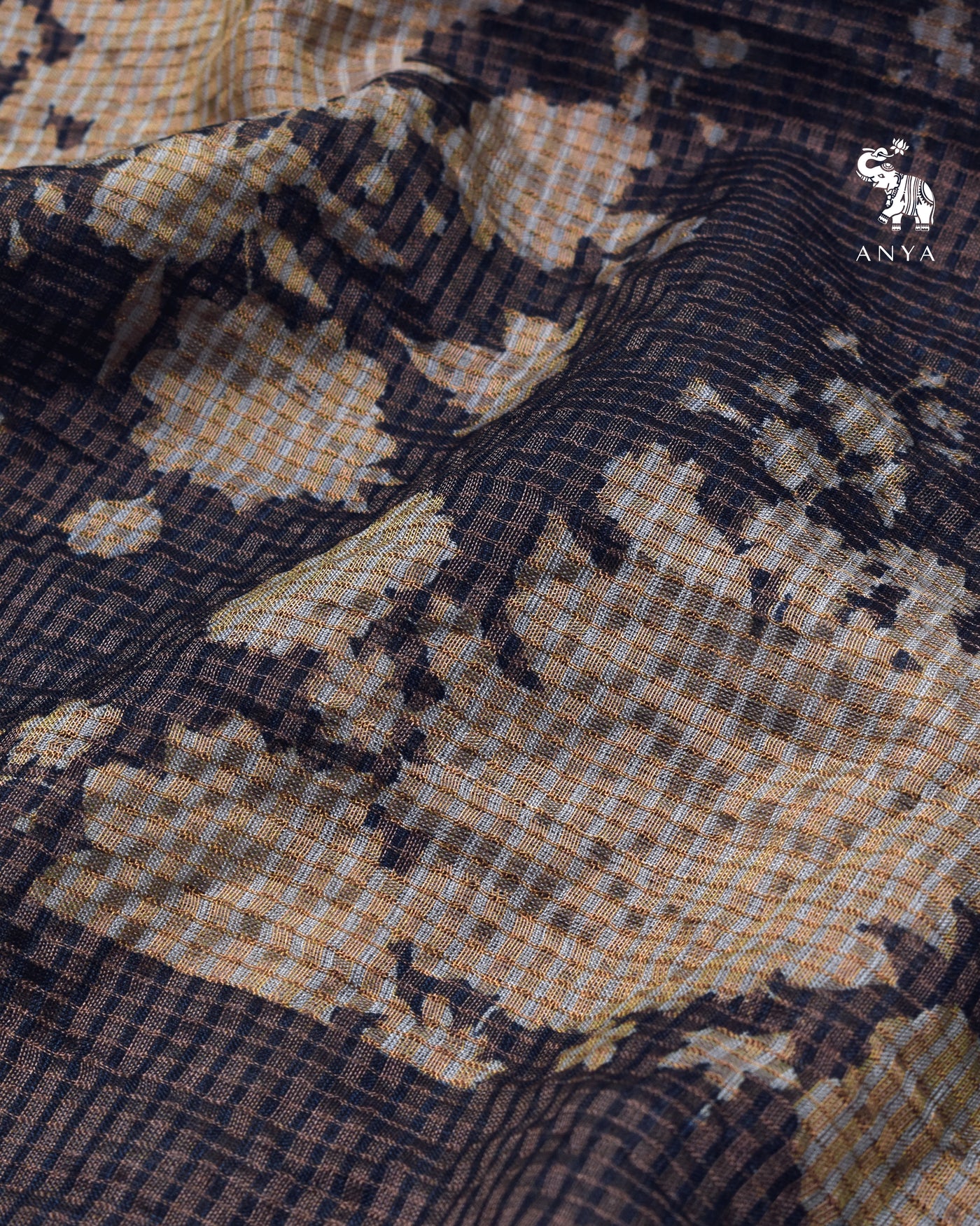 Navy Blue Tussar Silk Saree with Checks and Floral Print Design