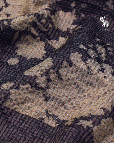 Navy Blue Tussar Silk Saree with Checks and Floral Print Design