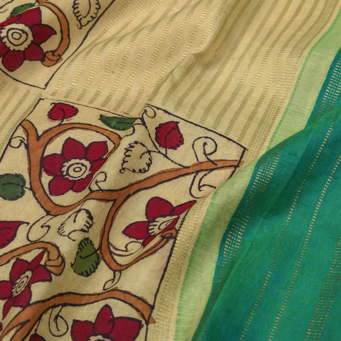 Off White Pen Kalamkari Kanchi Silk Saree with Box Pattern Kalamkari Design