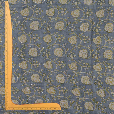 Grey Tussar Silk Fabric with Kantha Work Design