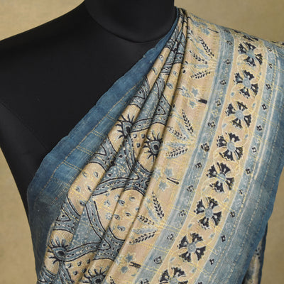 Greyish Blue Kanchi Silk Ajrak Print Saree with Checks Design