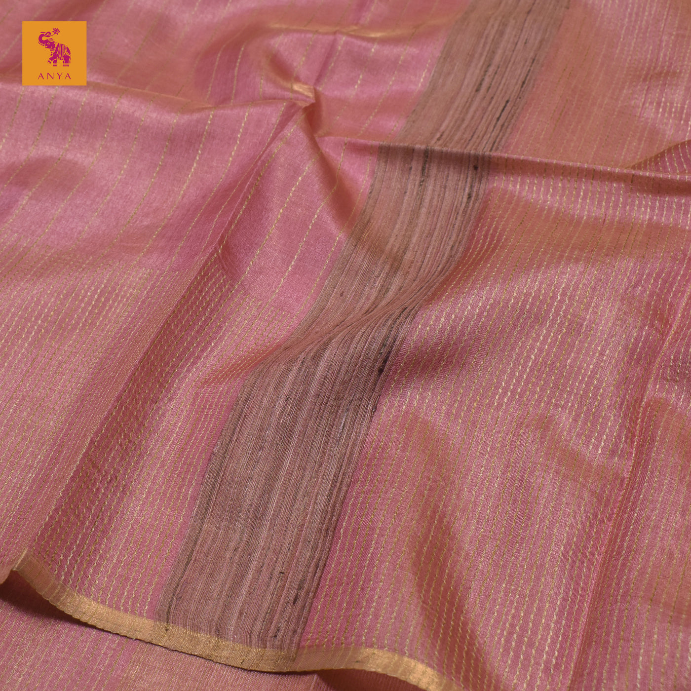 Pink Tussar Silk Saree with Horizontal Stripes Design