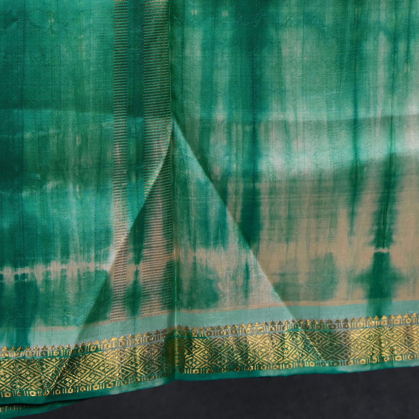 Off White with Green Shibori Kanchi Silk Dhoti