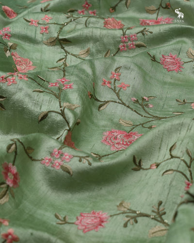 Elaichi Green Tussar Raw Silk Fabric with Floral Creeper Embroidery Design