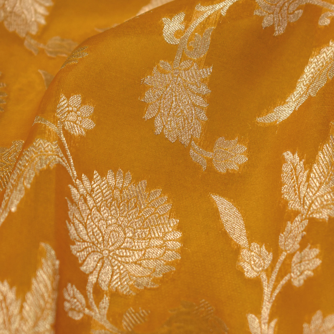 Oil Mustard Banarasi Organza Fabric with Floral Creeper Design