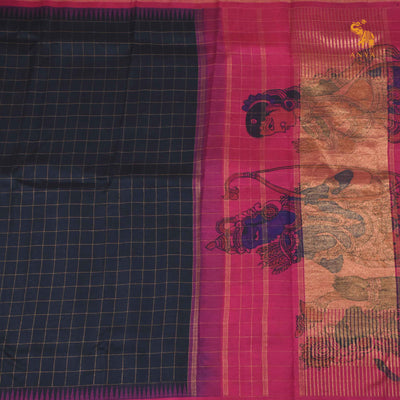 Black Pen Kalamkari Kanchi Silk Saree