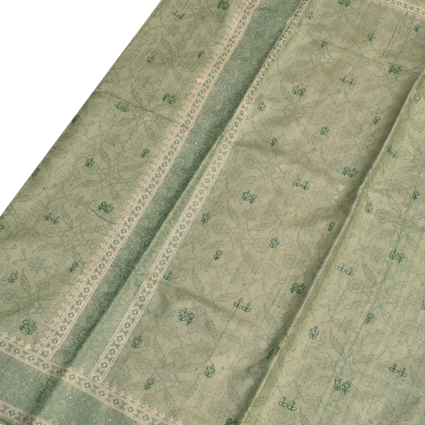Apple Green Tussar Silk Saree with Floral Embroidery Design