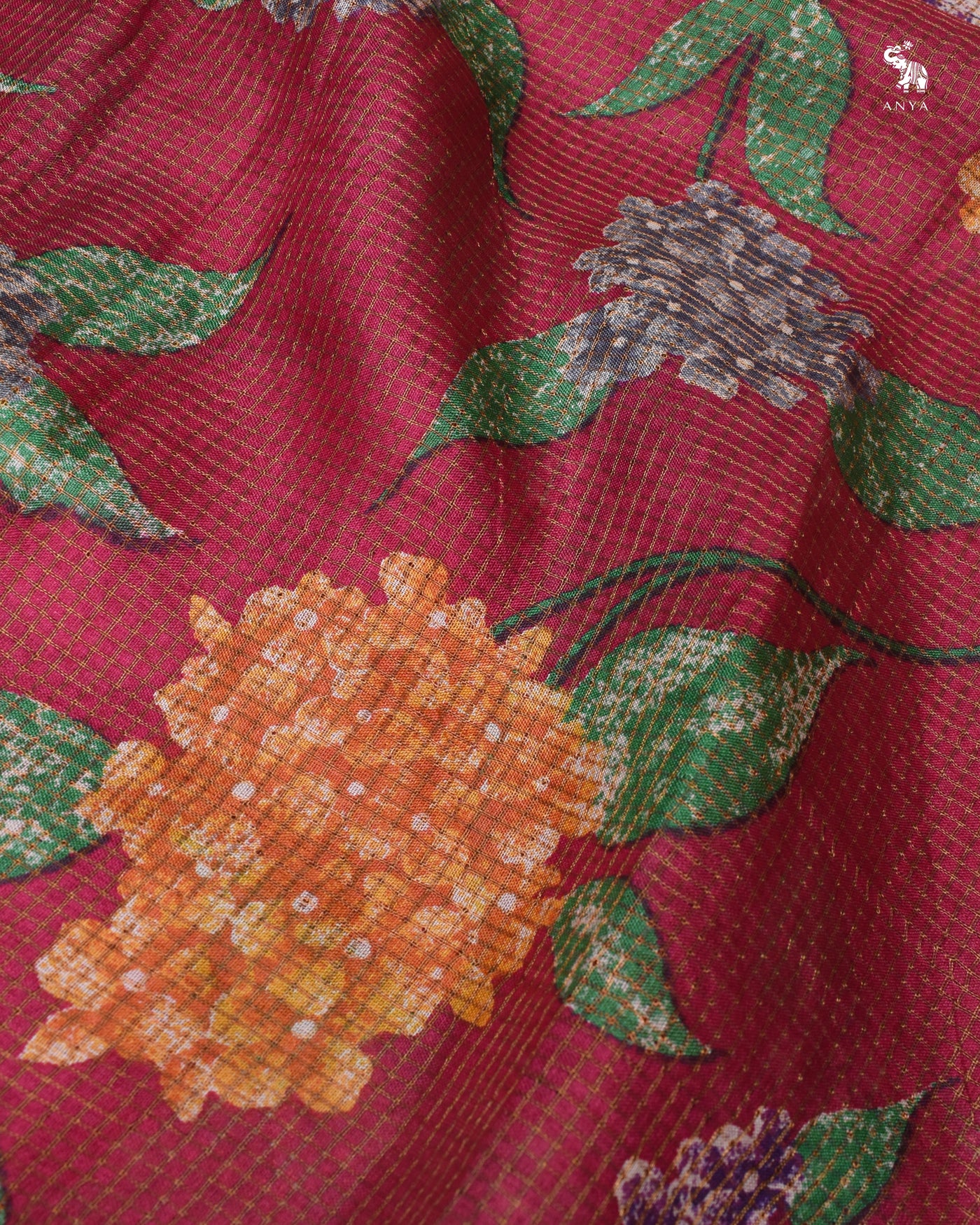 Rani Pink Tusar Silk Fabric with Floral Print and Zari Checks Design
