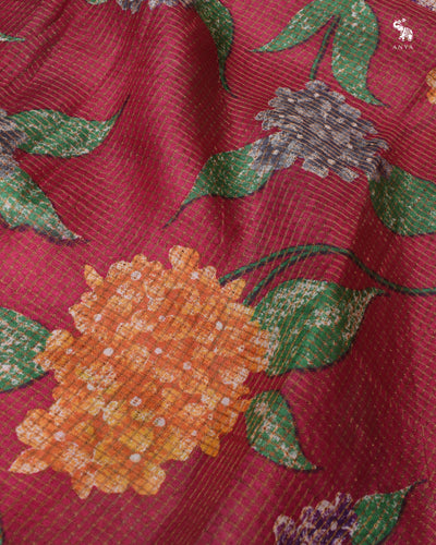 Rani Pink Tusar Silk Fabric with Floral Print and Zari Checks Design