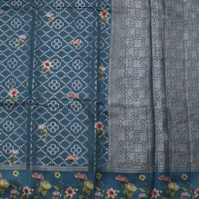 Blue Banarasi Silk Saree with Triangle and Floral Print Design