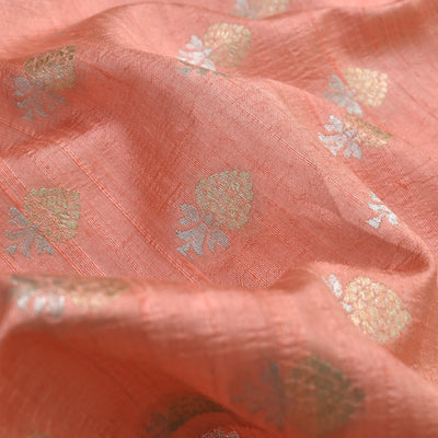 Peach Tussar Raw Silk Fabric with Flower Butta Design