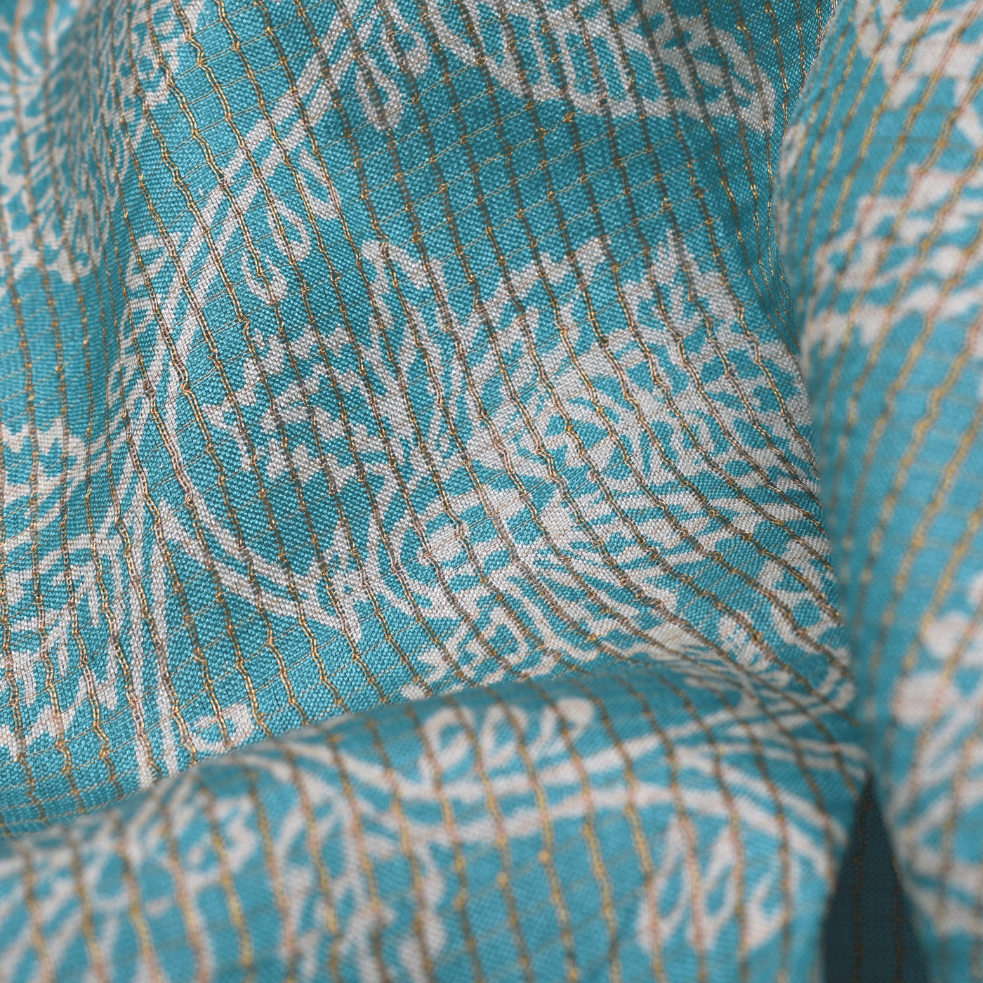 Blue Tussar Silk Fabric with Floral Print Zari Checks Design