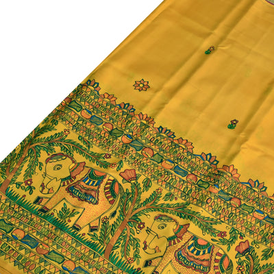 Mustard Madhubani Kanchi Silk Saree with Pink Zari Kattam Pallu and Blouse