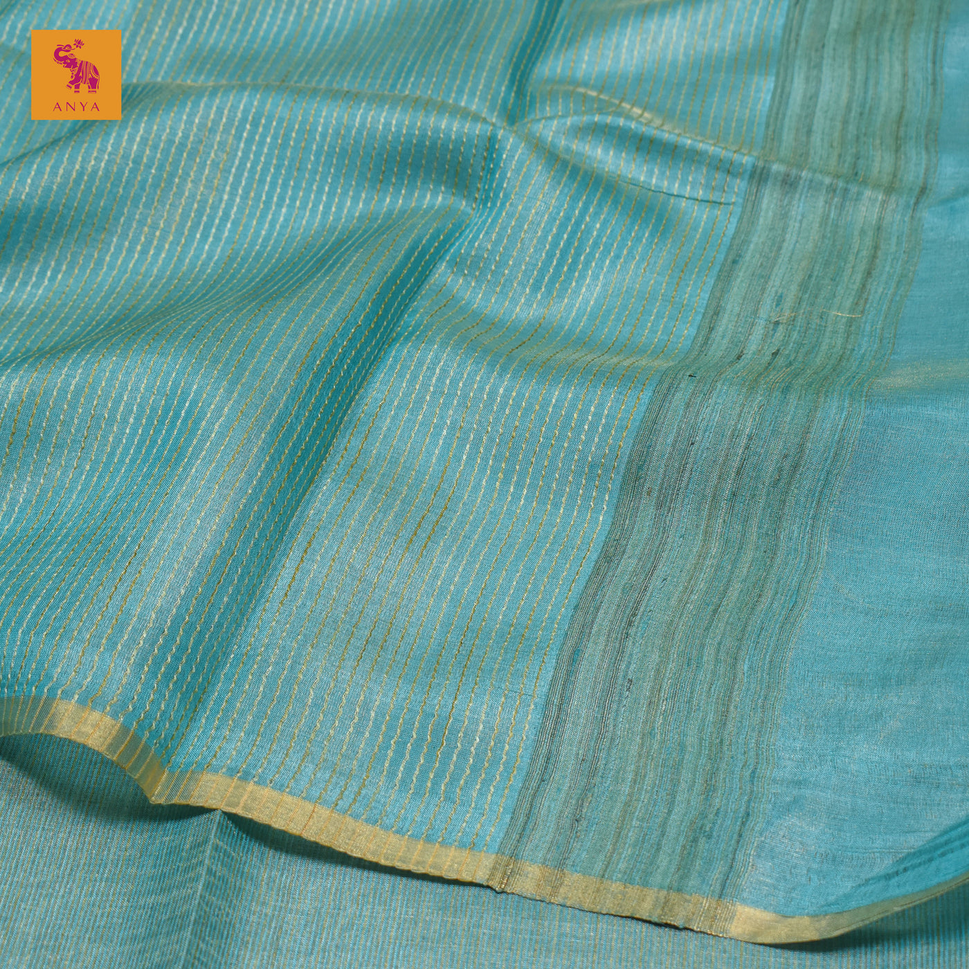 Baby Blue Tussar Silk Saree with Horizontal Stripes Design