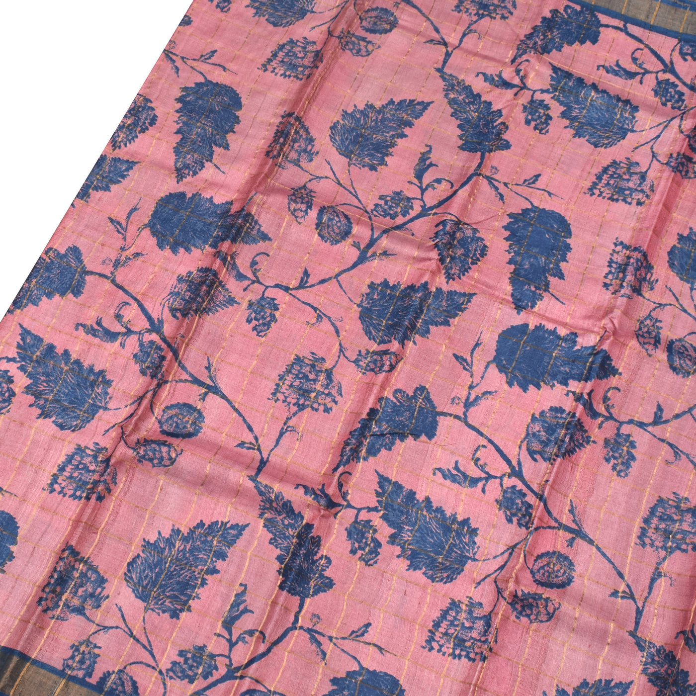 Pink Tussar Silk Saree with Leaf Print and Zari Checks Design