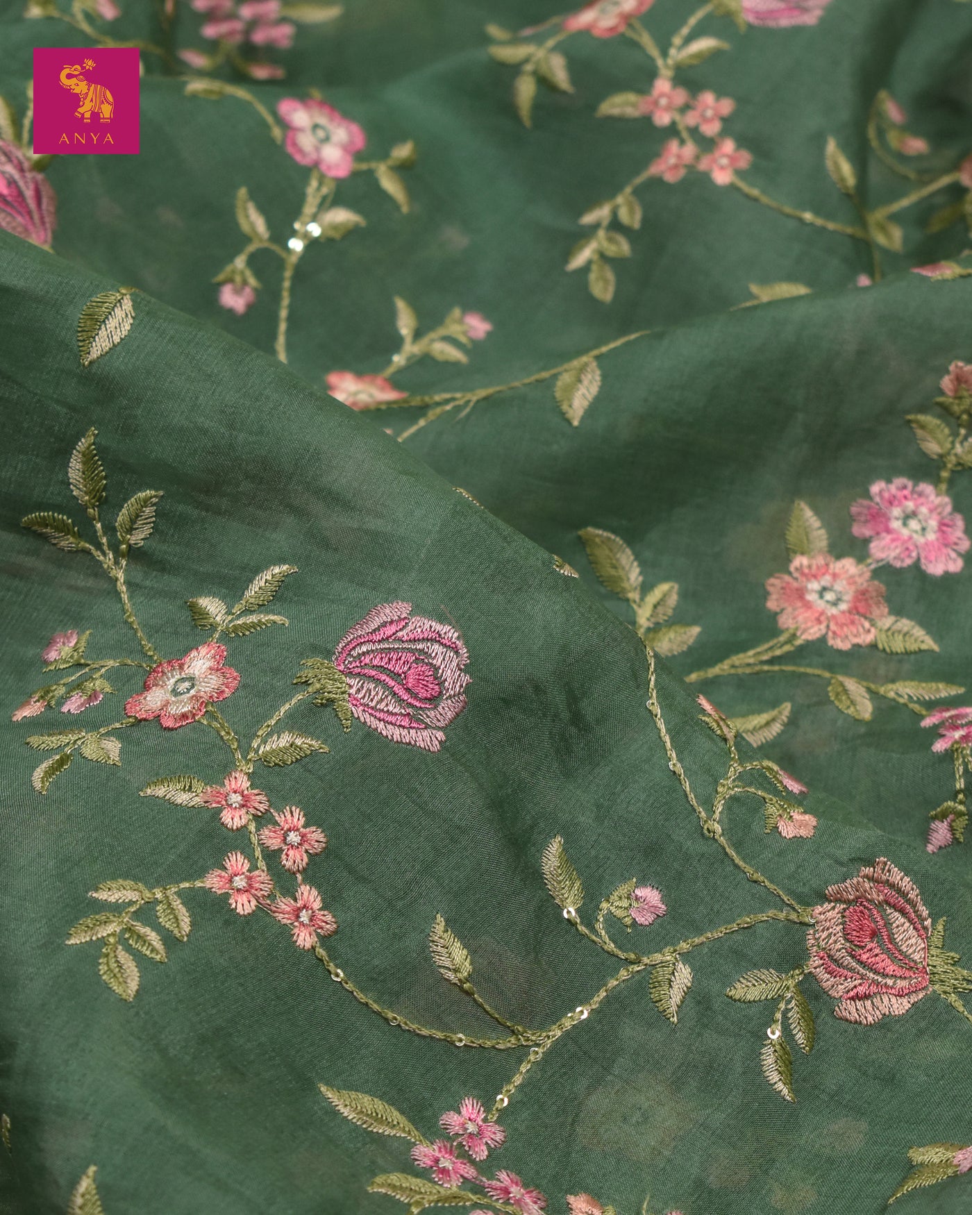 Green Organza Fabric with Floral Embroidery Design