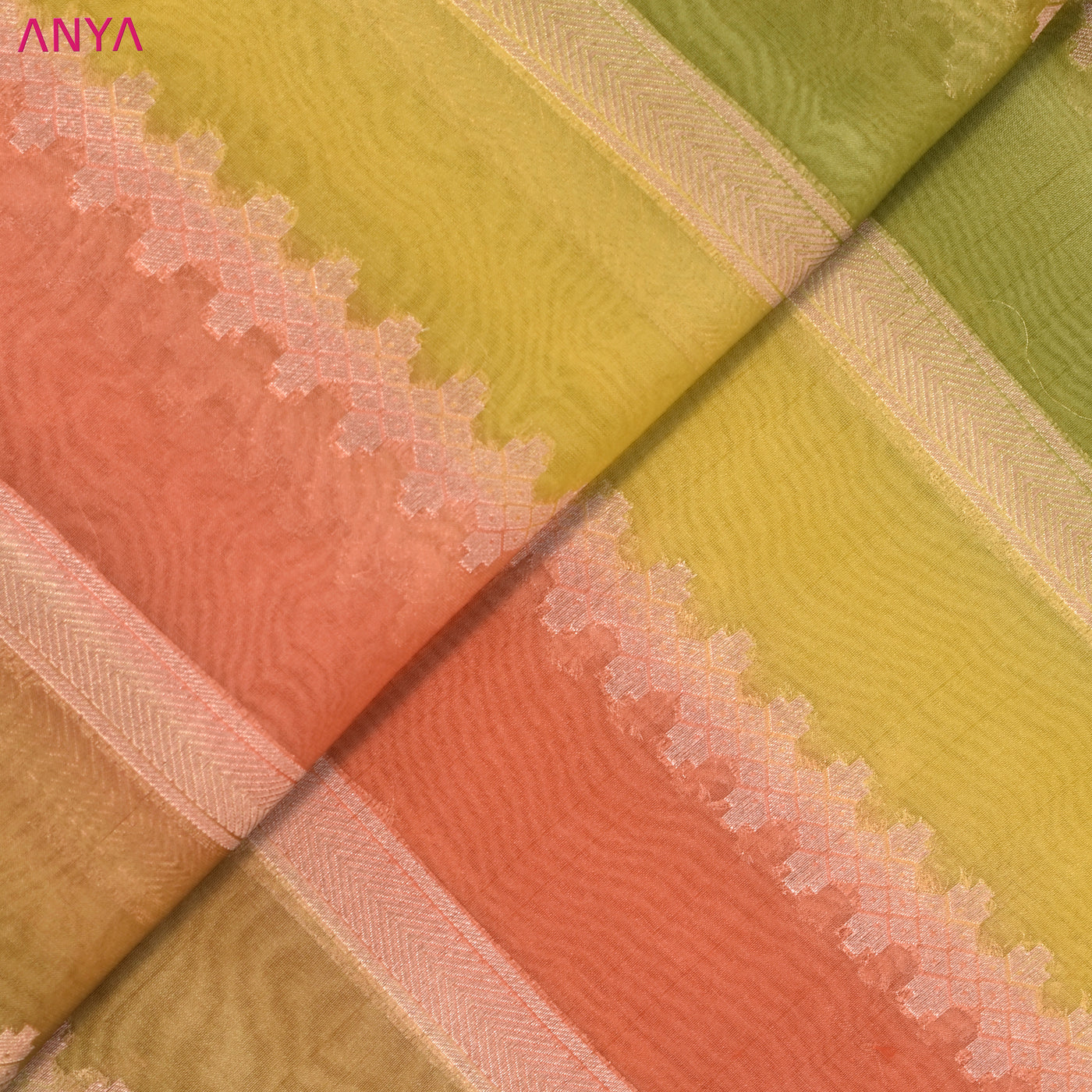 Multicolor Organza Fabric with Zig Zag and Stripes Design