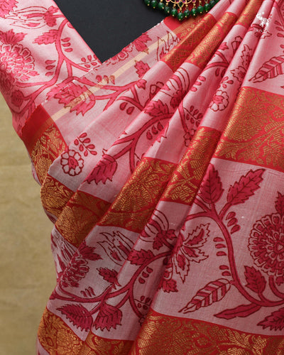 Lotus Pink Printed Kanchi Silk Saree with Stripes Print Design