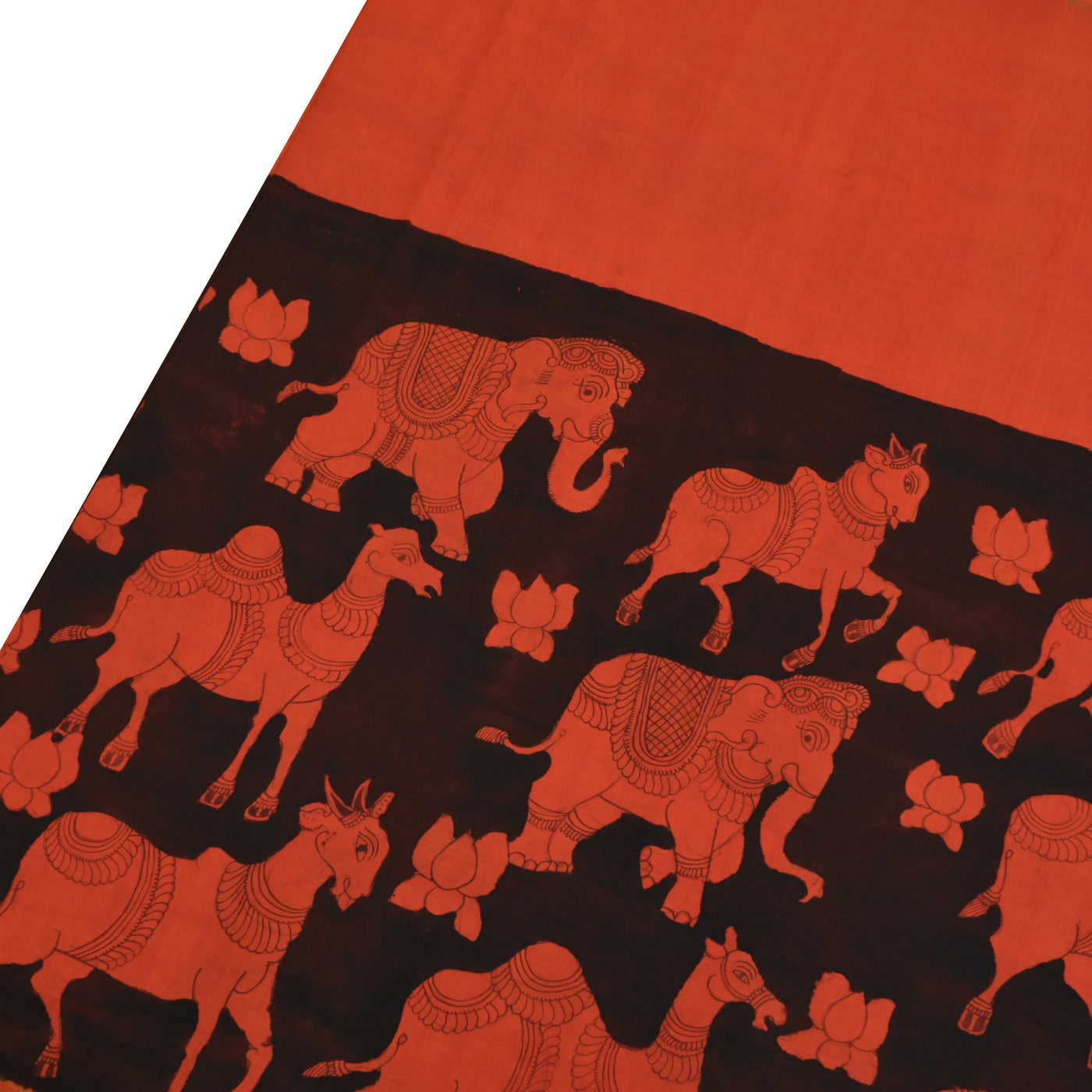 Black and Orange Pen Kalamkari Silk Saree