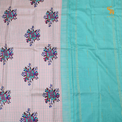 Pink Printed Kanchi Silk Saree with Checks and Floral Print Design