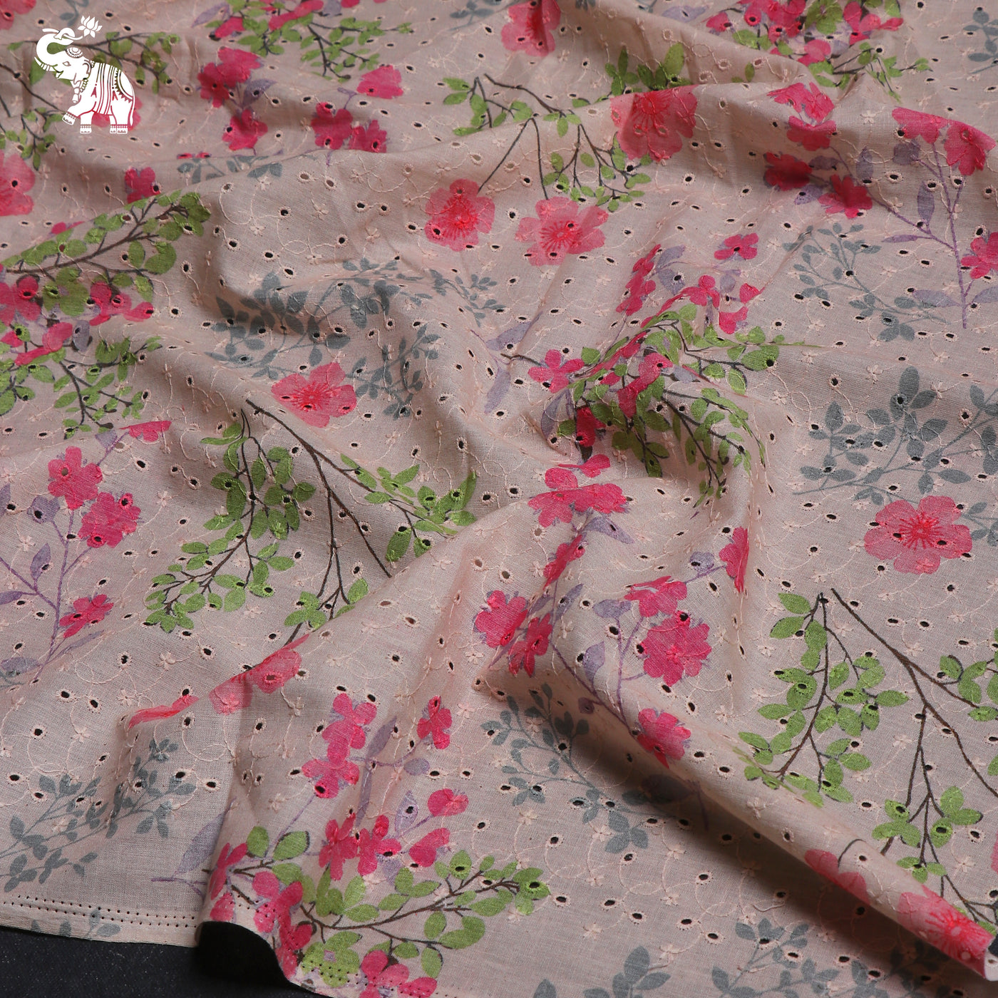 Light Peach Hakoba Cotton Fabric with Floral Print Design