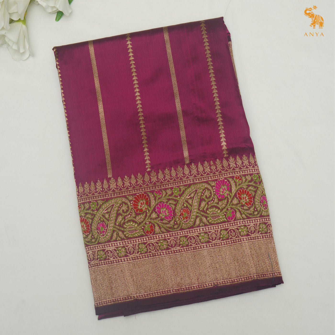 Dark Magenta Banarasi Silk Saree with Zari Stripes Design