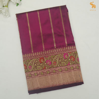 Dark Magenta Banarasi Silk Saree with Zari Stripes Design