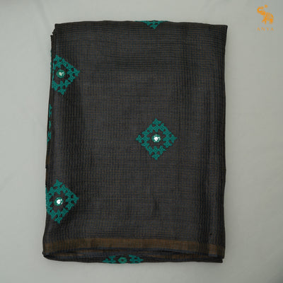 Grey Tussar Silk Sarees with Kutch Work Design