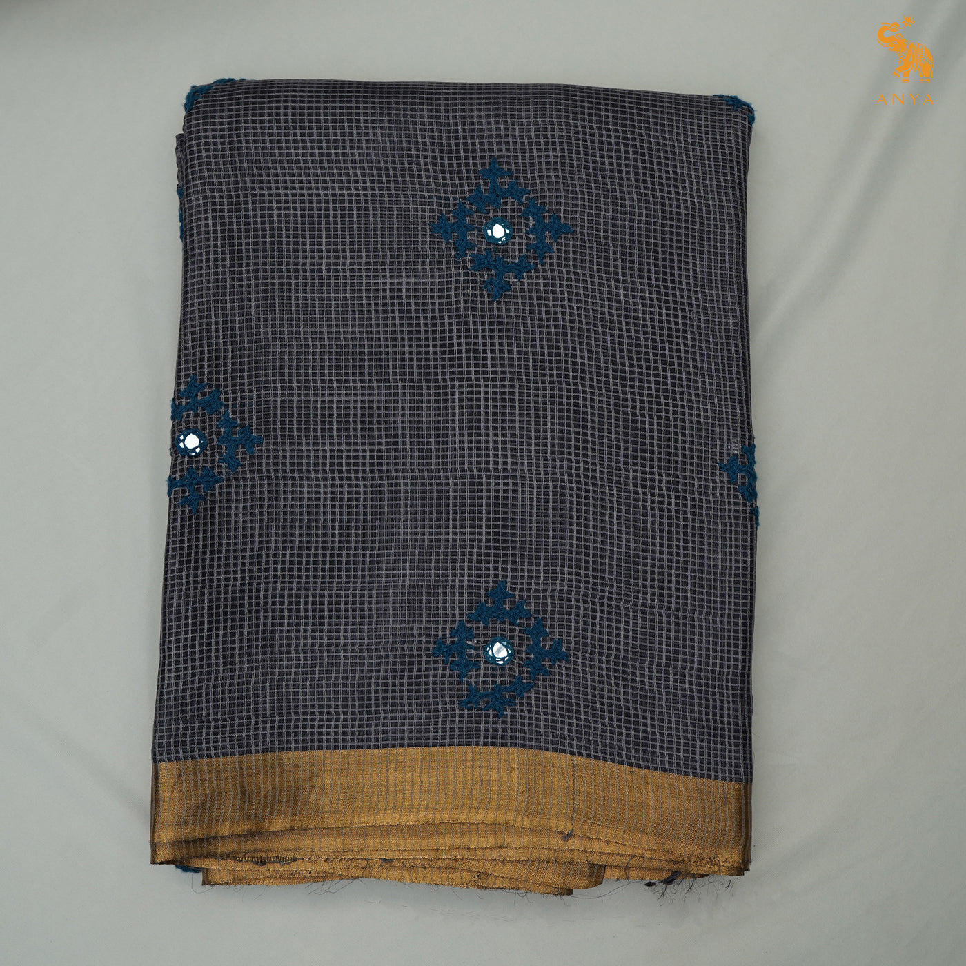 Grey Tussar Silk Sarees with Kutch Work Design