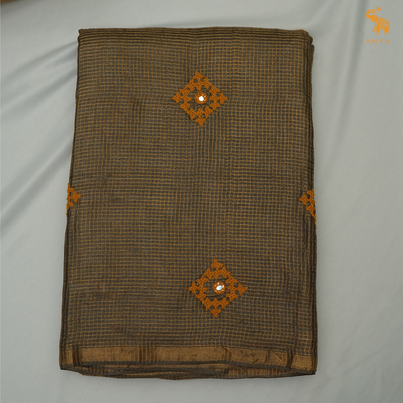 Brown Tussar Silk Sarees with Kutch Work Design