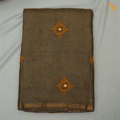 Brown Tussar Silk Sarees with Kutch Work Design