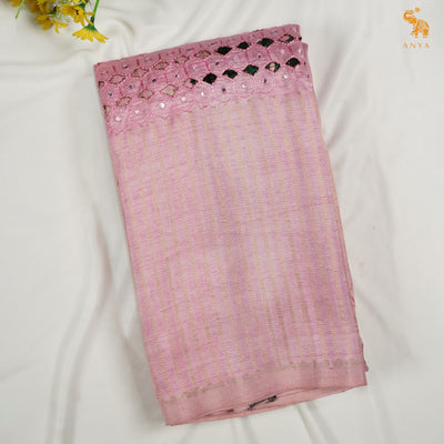 Baby Pink Printed Kanchi Silk Saree with Box Cut and Kutch Work Design