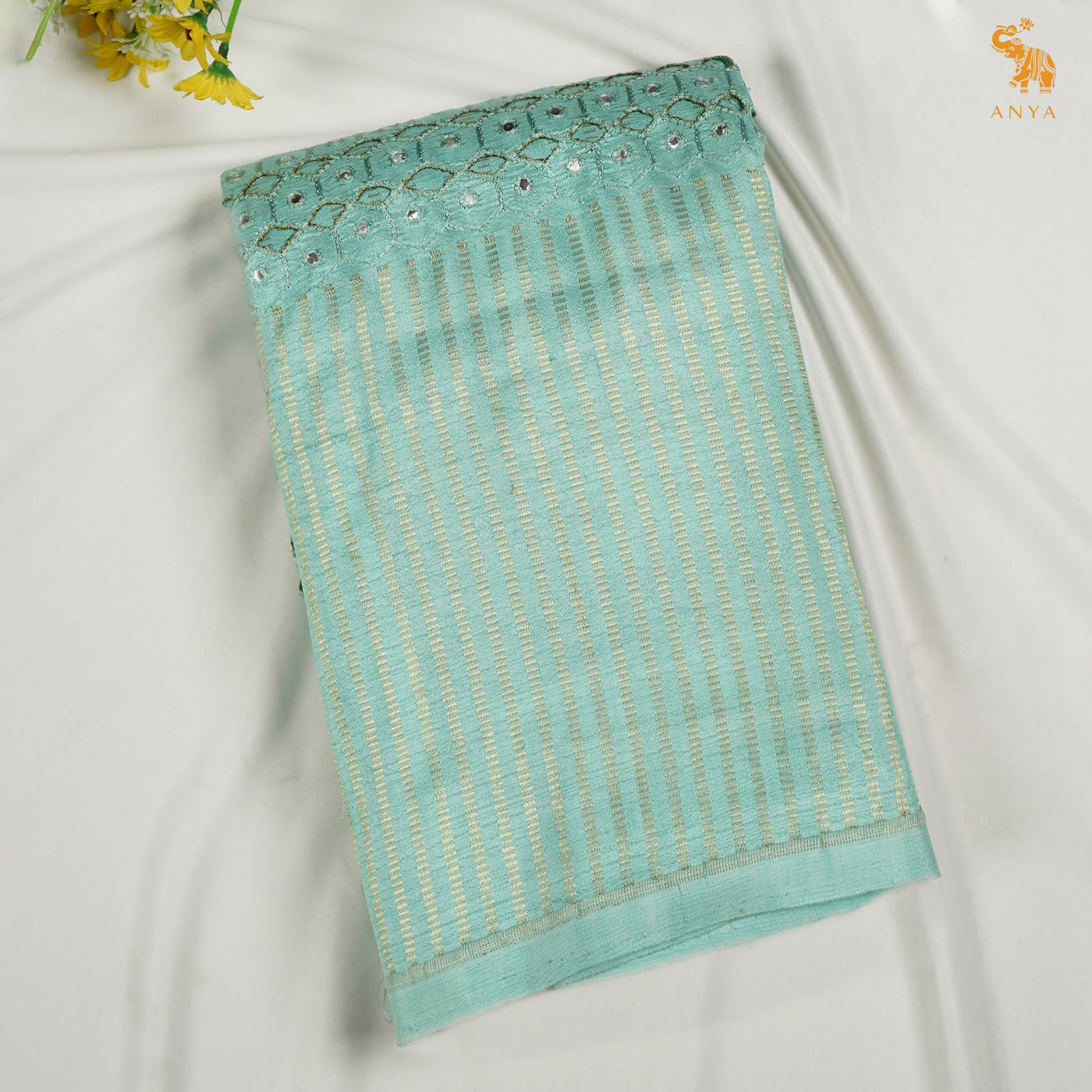Aqua Green Printed Kanchi Silk Saree with Box Cut and Kutch Work Design