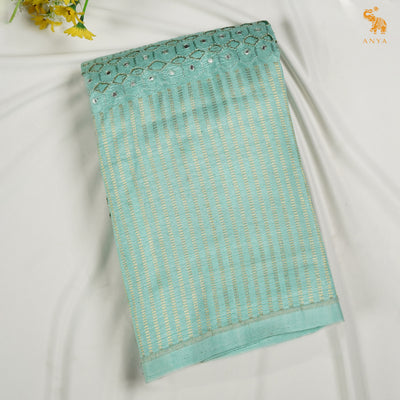Aqua Green Printed Kanchi Silk Saree with Box Cut and Kutch Work Design