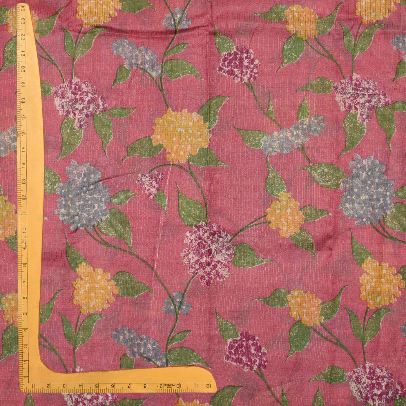 Onion Pink Tussar Silk Fabric with Floral Print Zari Checks Design