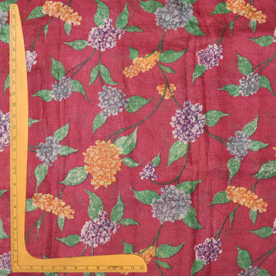 Rani Pink Tusar Silk Fabric with Floral Print and Zari Checks Design