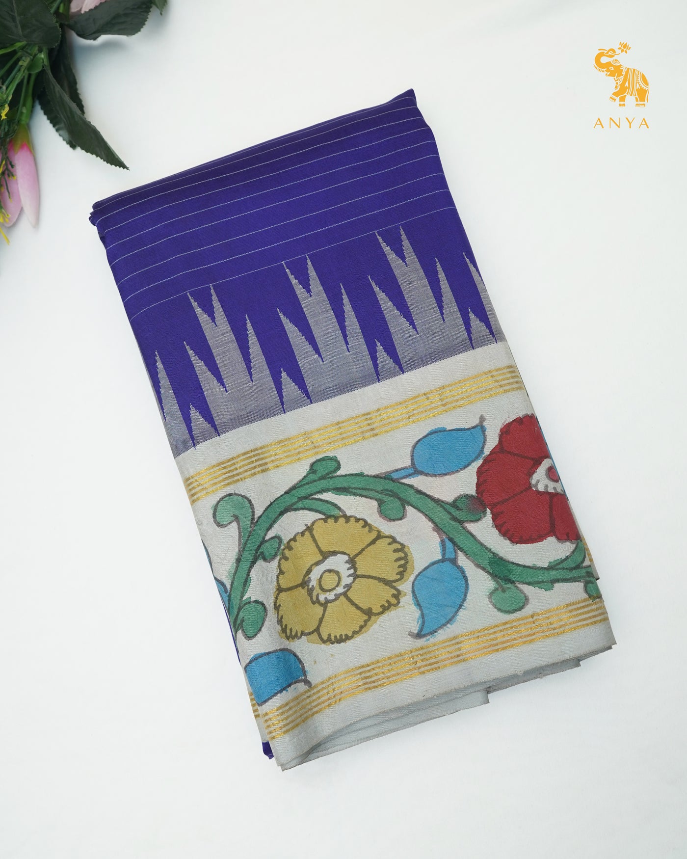 Ms Blue Pen Kalamkari Kanchi Silk Saree