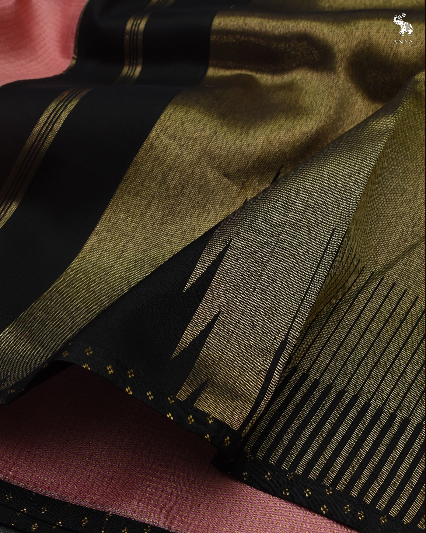 Pink Zari Checks Tussar Silk Saree with Black Kanchi Silk Pallu and Blouse