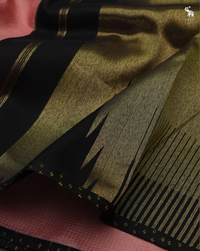 Pink Zari Checks Tussar Silk Saree with Black Kanchi Silk Pallu and Blouse