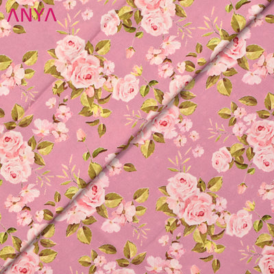 Lotus Pink Kanchi Discharge Printed Silk Fabric with Rose Floral Printed Design