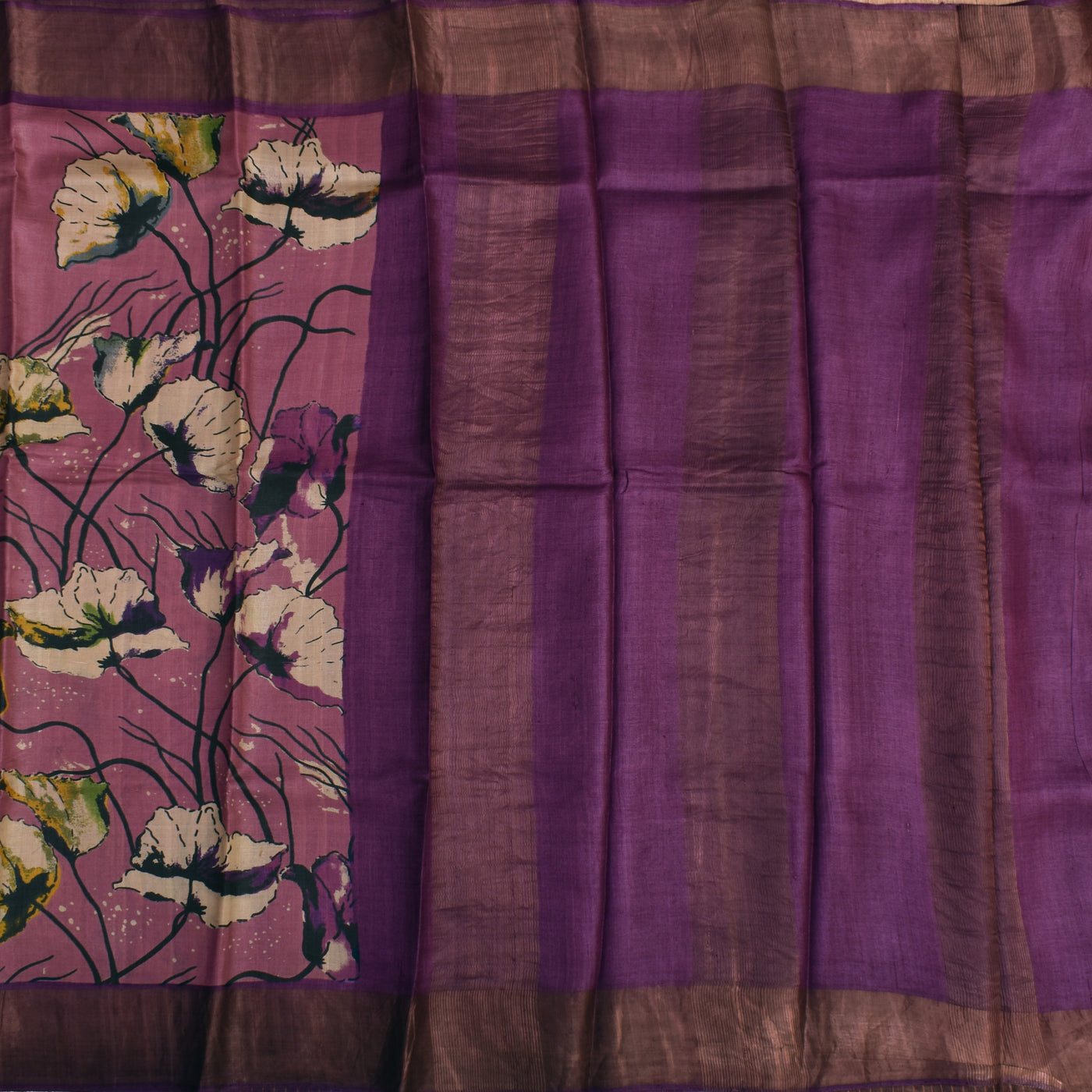 Onion Pink Tussar Silk Saree with Floral Creeper Design