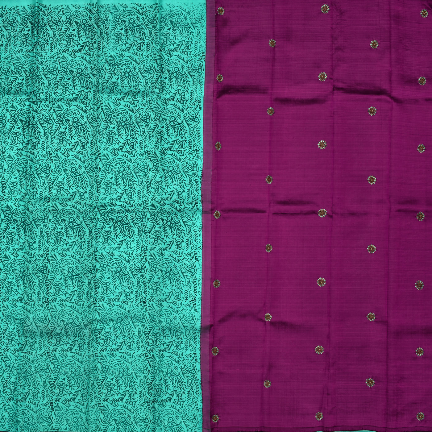 Turquoise Blue Printed Kanchi Silk Saree With Purple Blouse
