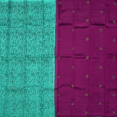 Turquoise Blue Printed Kanchi Silk Saree With Purple Blouse