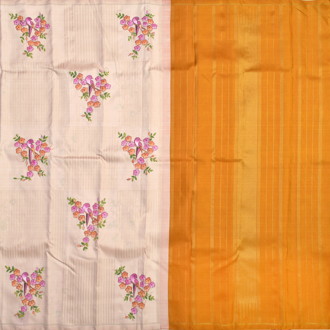 Off White Hand Painted Kanchi Silk Saree with Birds Floral Design