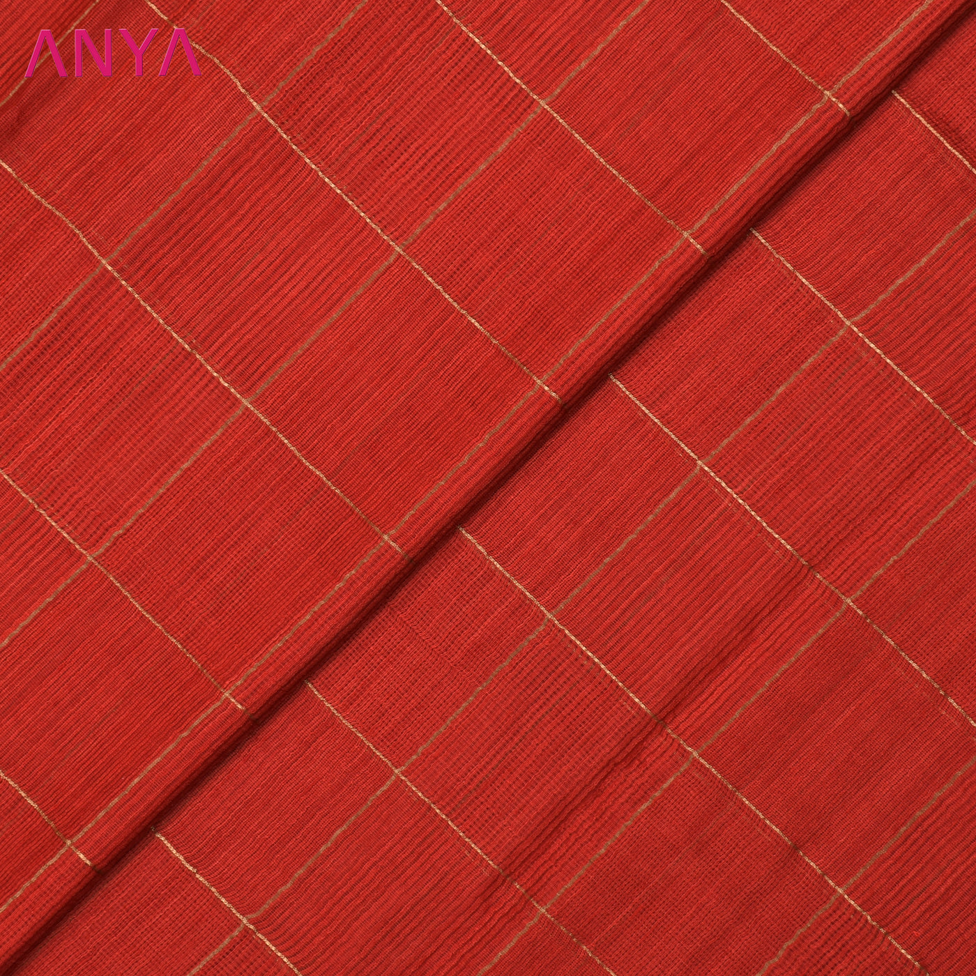 Red Matka Silk Fabric with Big Zari Checks Design