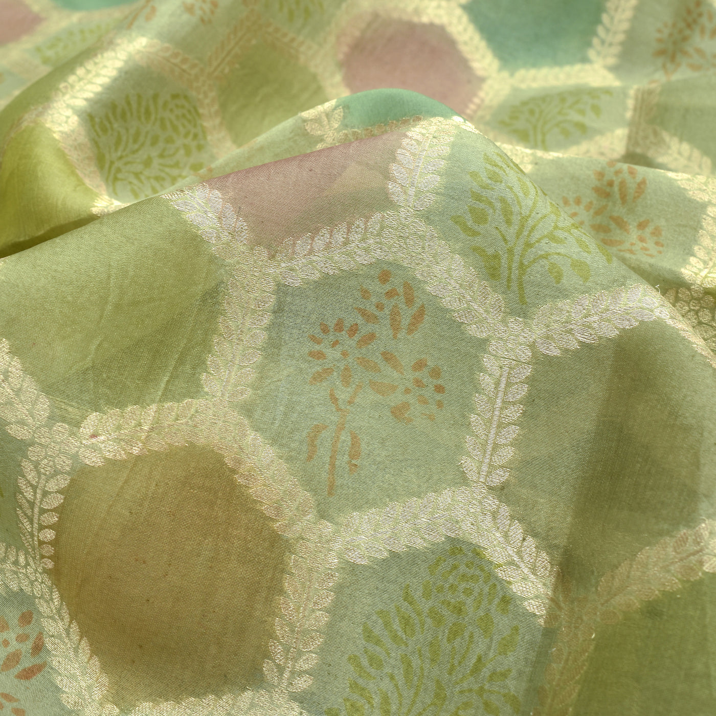 Elaichi Green Organza Fabric with Diamond Leaf Design