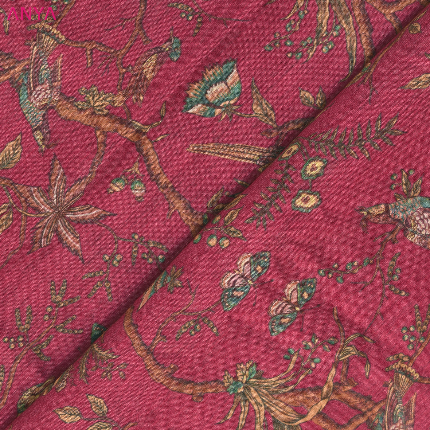 Rani Arakku Tussar Silk Fabric with Birds Creeper Design