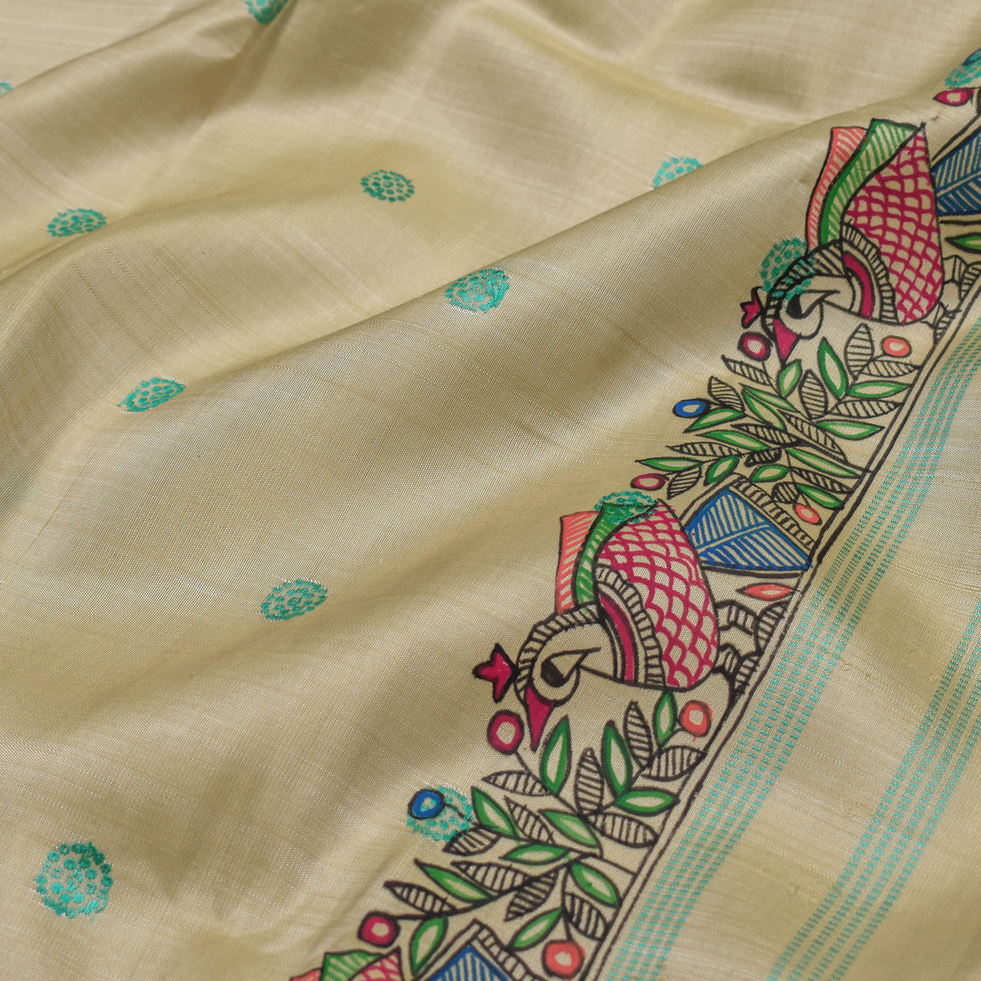 Off White Madhubani Kanchi Silk Saree with Small Round Butta Design