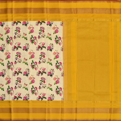 Off White Printed Kanchi Silk Saree with Floral Design