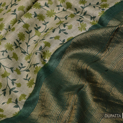 Dark Green Tussar Silk Salwar with Off White Floral Creeper Dupatta